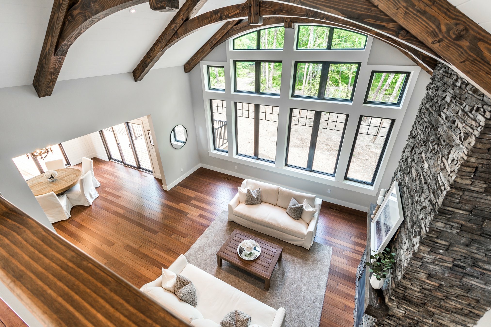 High ceiling, wood beams, arch, interior, great room