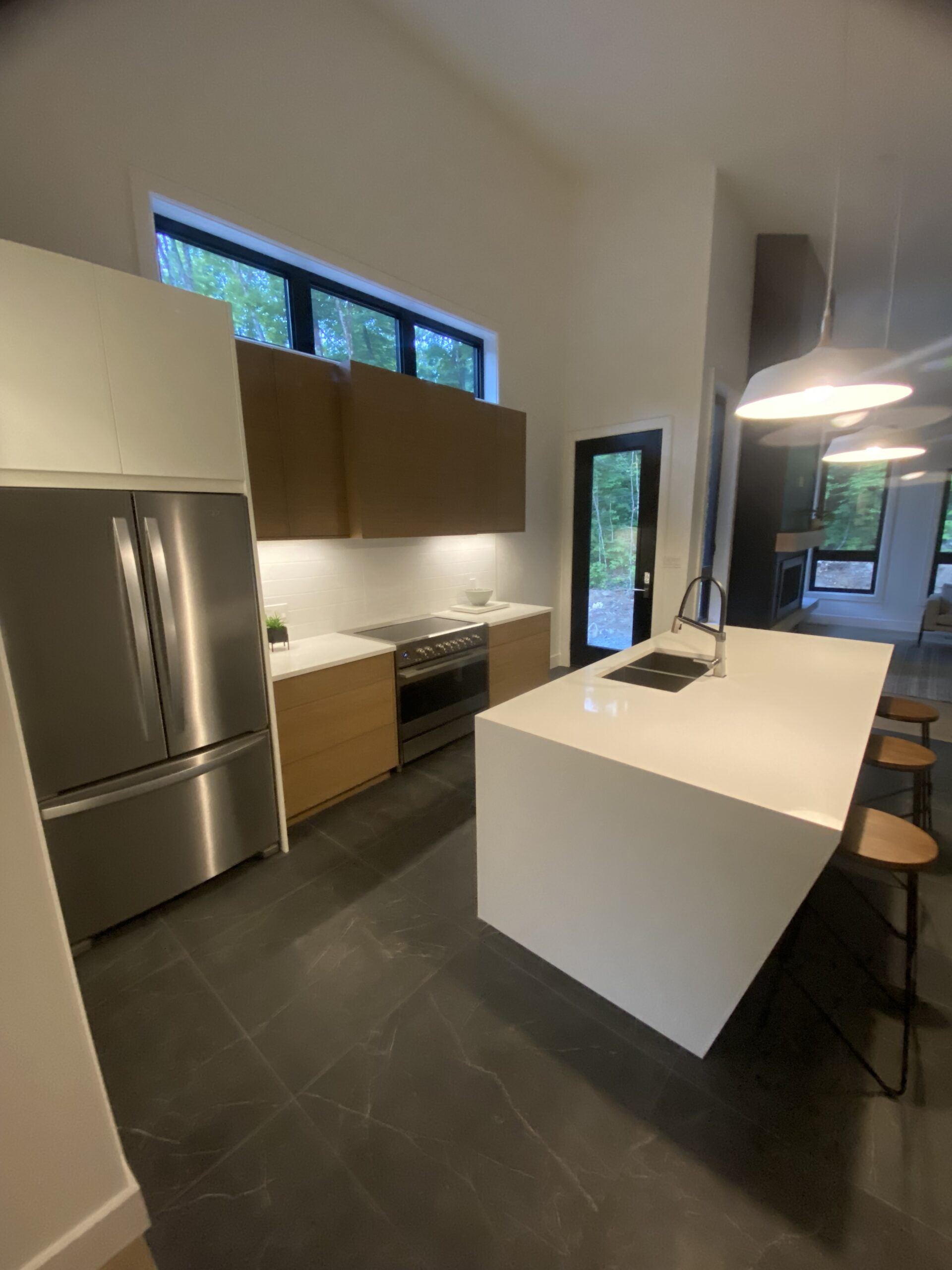 kitchen, interior, large island, wood, stone, white