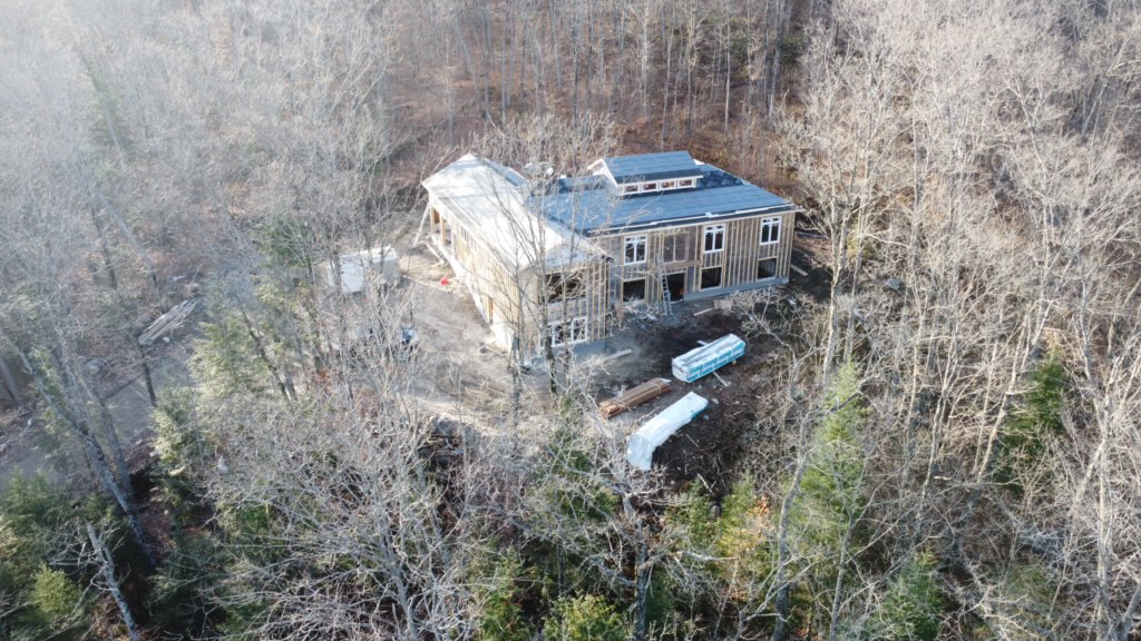 aerial, overview, woods, secluded, houseframe, frame, in process